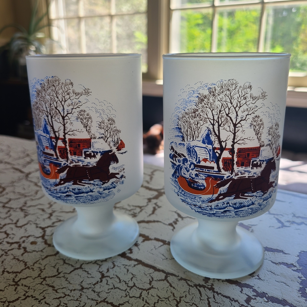 Vintage Frosted Glass Goblets with Winter Scene